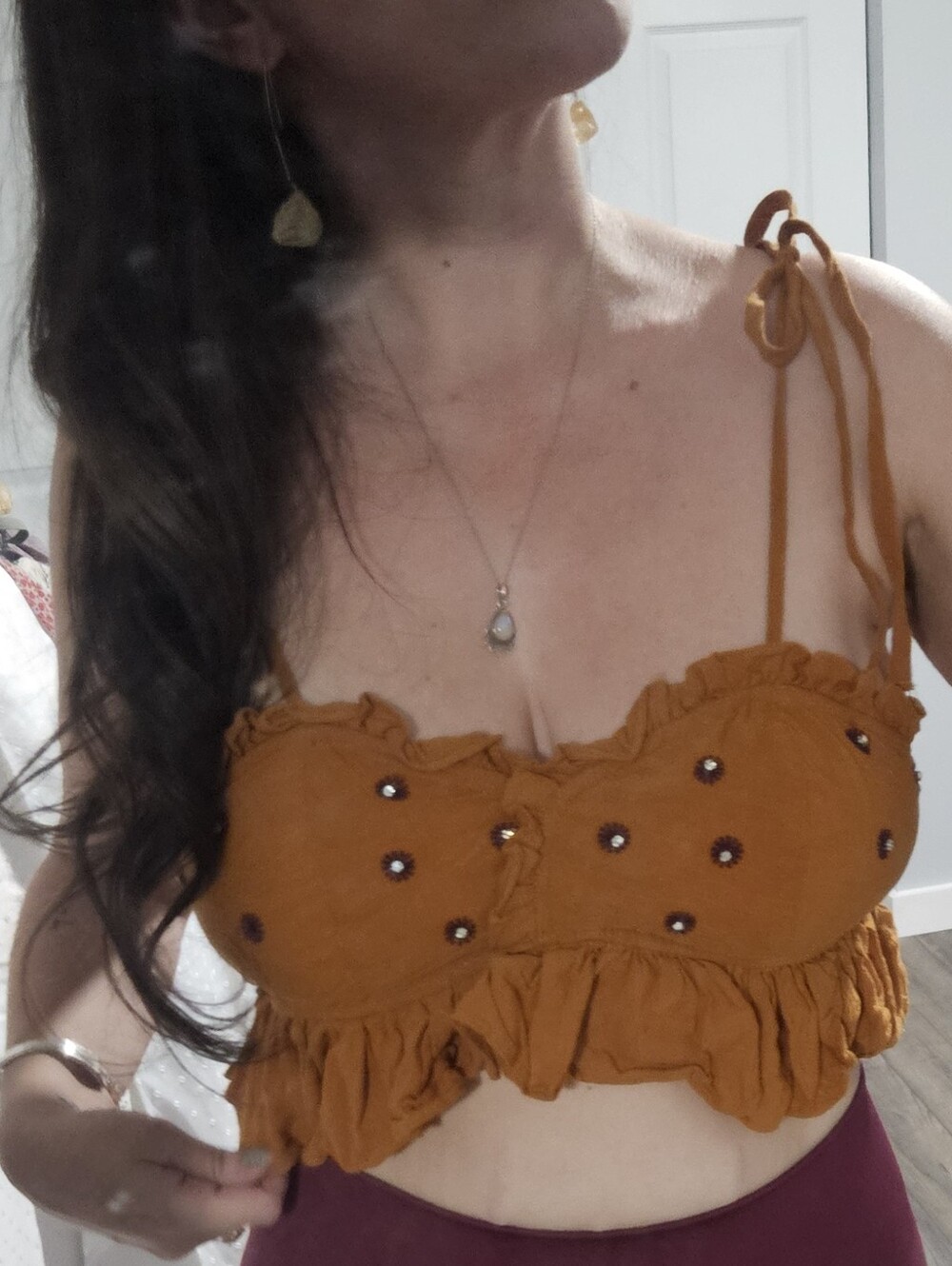 Free People Rust-Tone Smocked Top with Rhinestone Detail